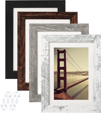BAIJIALI 5x7 Picture Frame Set of 4 - Distressed Farmhouse Wood Design | Display 4x6 with Mat or 5x7 Without Mat