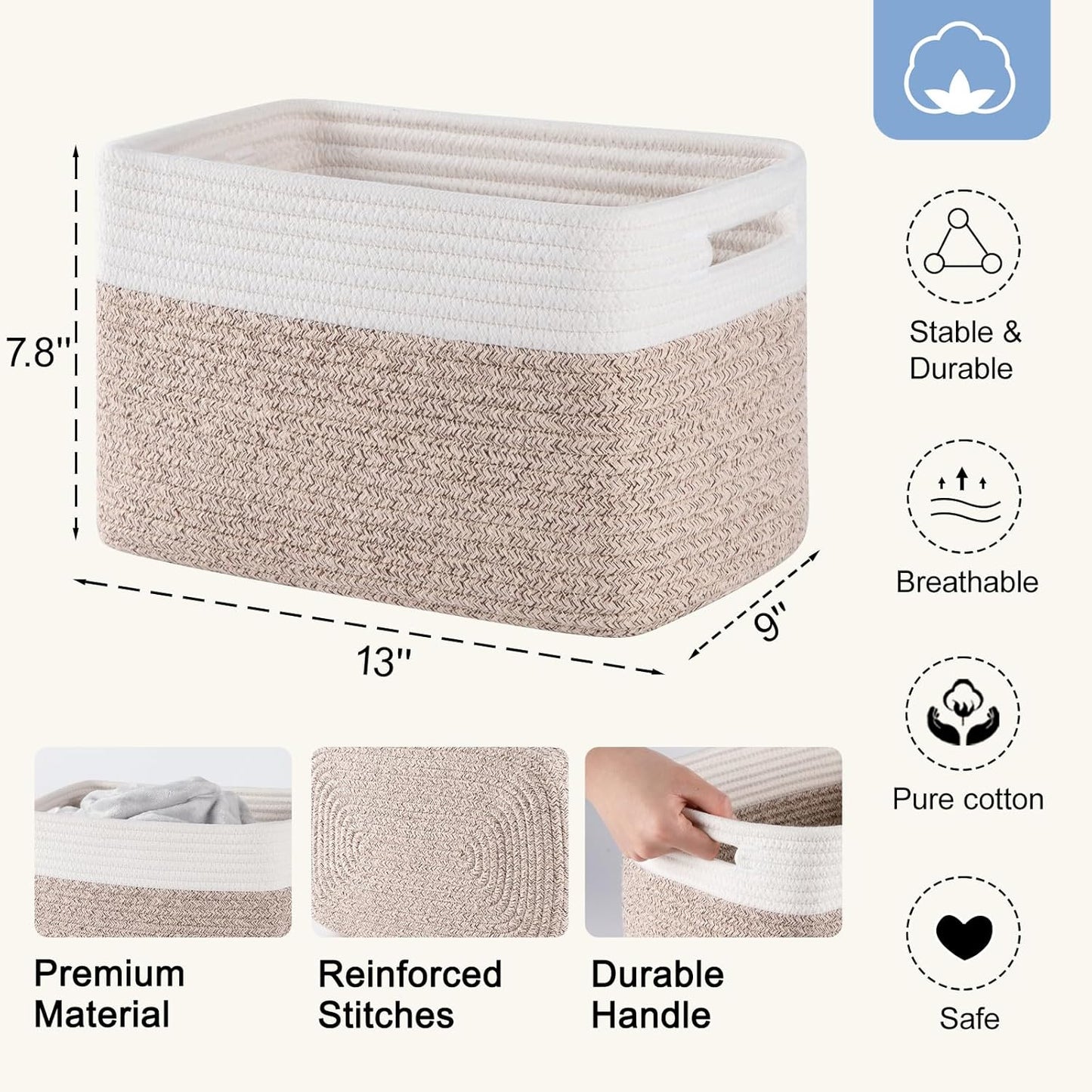Storage Baskets 4 Pack by [Brand Name] - Durable Woven Organizers for Toys, Books, Towels | 12.7''L x 9''W x 7.8''H, Brown & White