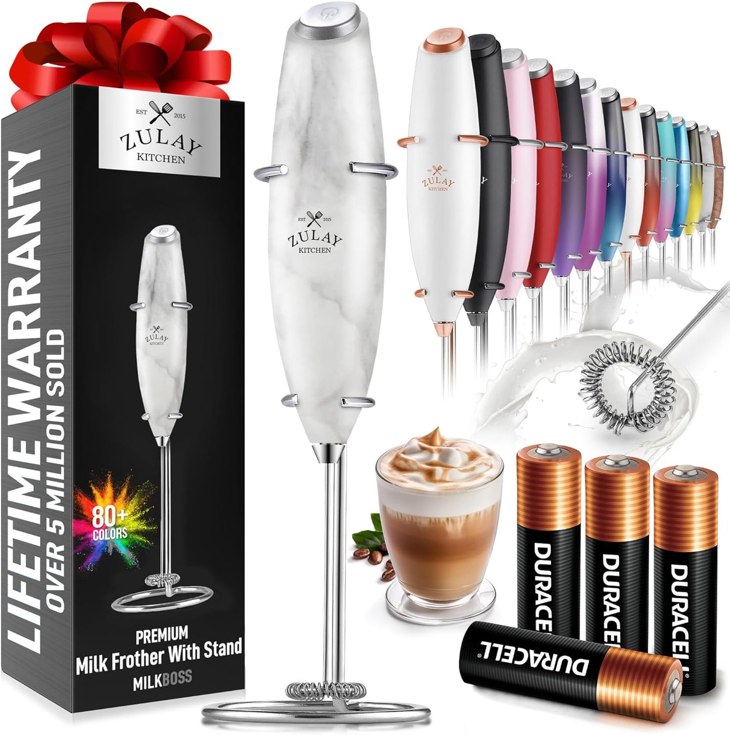 Zulay Kitchen Milk Frother Wand - Ultra Fast Handheld Electric Whisk for Coffee & Lattes - Marble Finish