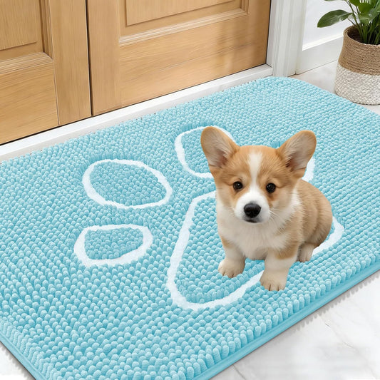 OLANLY Dog Door Mat - Absorbent Non-Slip Mud Mat for Muddy Paws | 24x16 Paw Print Design, Quick Dry Blue