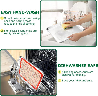 TeamFar Stainless Steel Baking Sheet Set - 9-Piece with Racks & Silicone Mats | 10.5/12.5/16 Inch Easy Clean