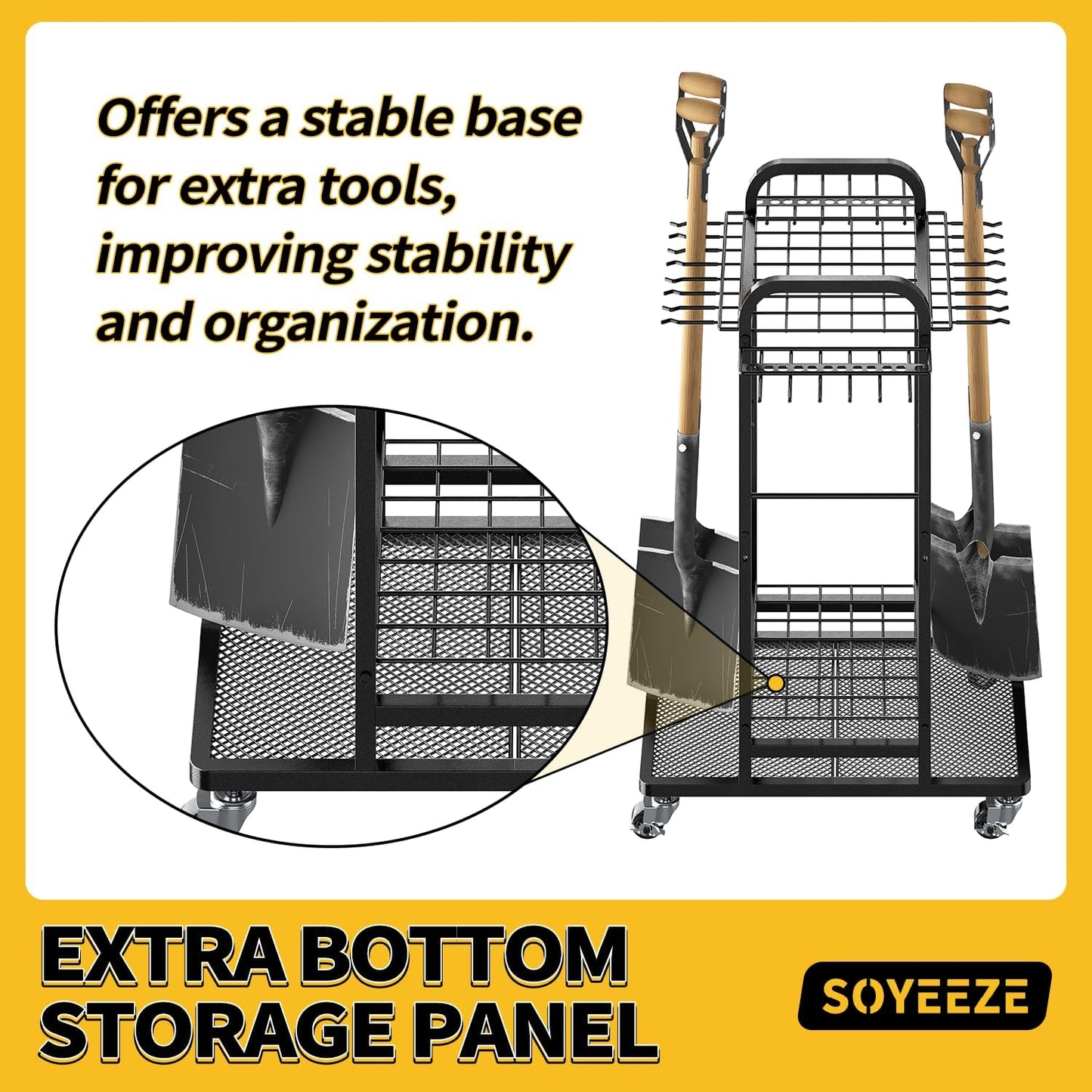 SOYEEZE Garden Tool Organizer - Heavy-Duty 3-Tier Tool Rack with Lockable Wheels | Holds 35 Tools