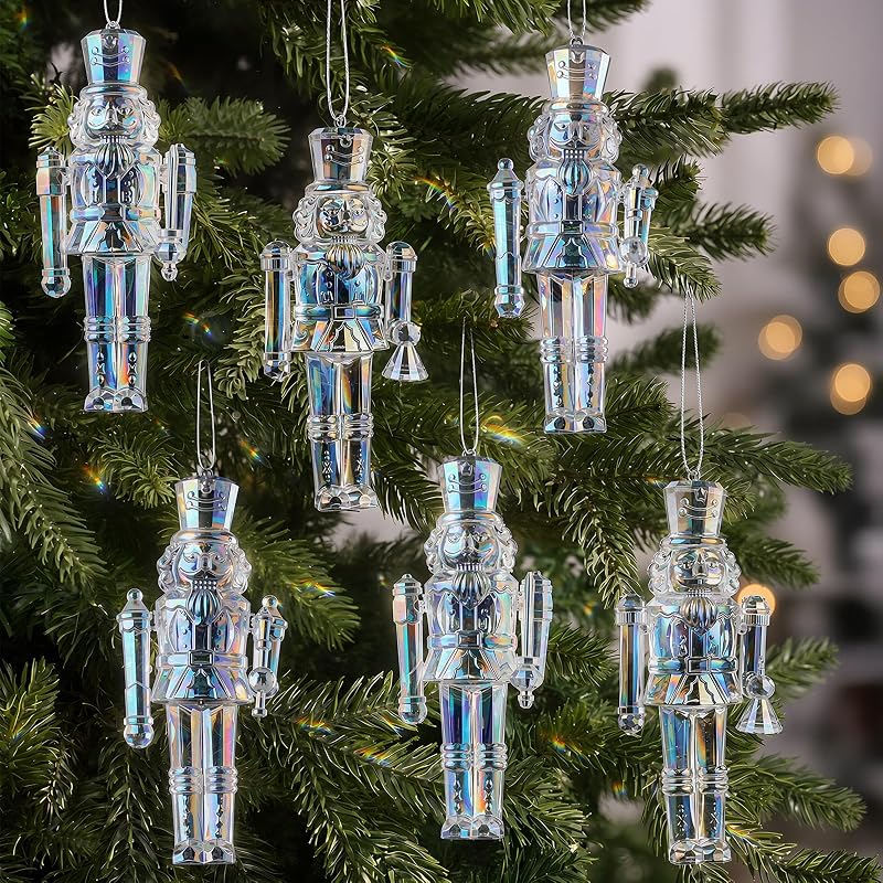 Iridescent Nutcracker Ornaments, 6-Piece Set, 4.7 Inch Acrylic Christmas Decorations