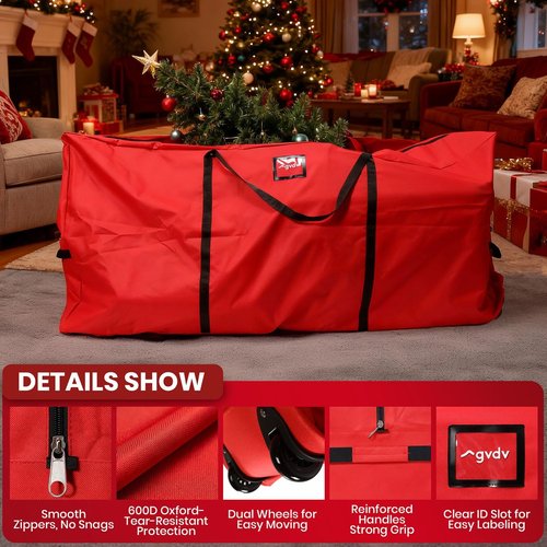 GVDV Rolling Christmas Tree Storage Bag - Fits 7.5 Ft Trees | Waterproof Heavy-Duty Canvas, Red