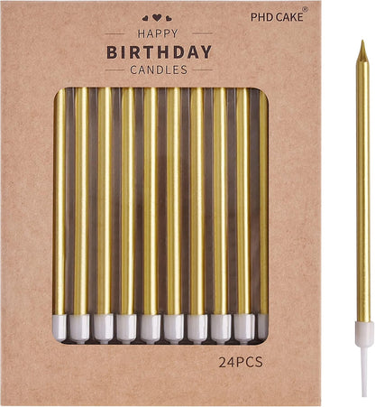 PHD CAKE Gold Long Thin Metallic Birthday Candles - Perfect for Parties & Weddings | Elegant Cake Decor