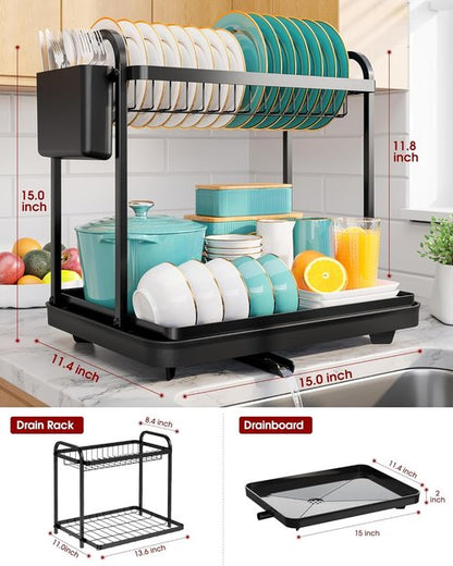 2-Tier Dish Drying Rack - Stainless Steel Kitchen Organizer with Cutlery Holders | 15" W x 11.4" L x 15" H, Black