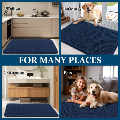 OLANLY Dog Door Mat - Absorbent Non-Slip Chenille Mat for Muddy Paws | 24x16 Dark Blue Quick Dry Doormat