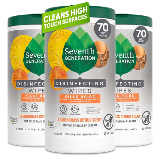Seventh Generation Disinfecting Multi-Surface Wipes, Lemongrass Citrus, 70 Count, Pack of 3 (Packaging May Vary)