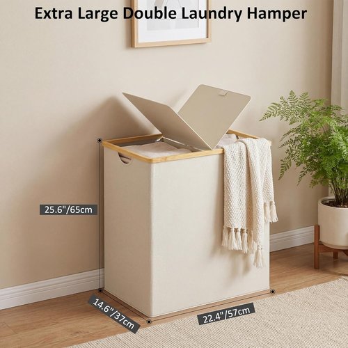 Efluky Laundry Hamper - Double Section Basket with Lid & Removable Bags - 140L Beige for Bathroom & Bedroom