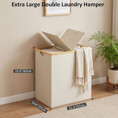 Efluky Laundry Hamper - Double Section Basket with Lid & Removable Bags - 140L Beige for Bathroom & Bedroom