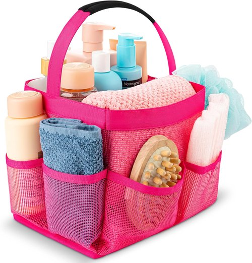Masirs Shower Caddy - 9 Pocket Portable Bathroom Organizer Tote for Travel & Gym | Collapsible Pink Design