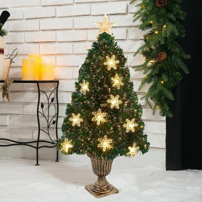Juegoal Pre-Lit Artificial Christmas Trees - 3 FT Lighted Green Fiber Optic Entrance Trees | 8 Lighting Modes, Gold Urn Base