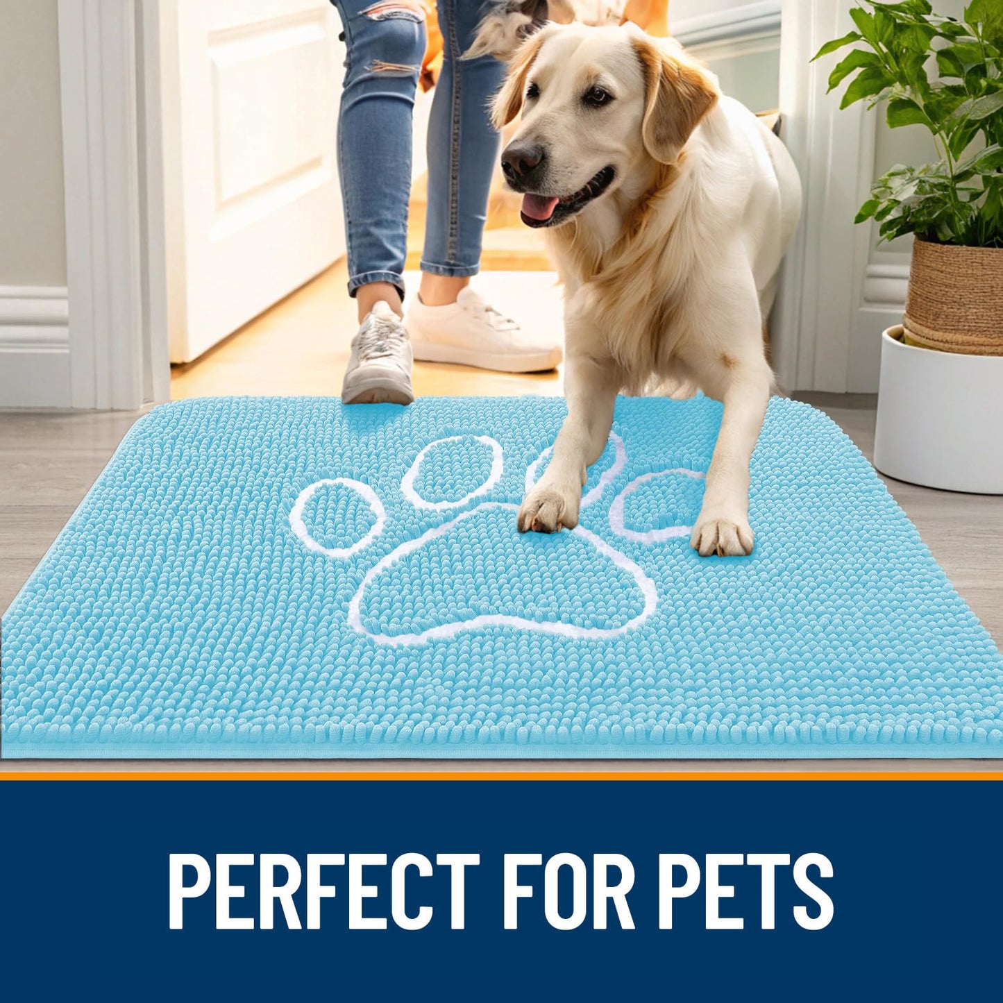 OLANLY Dog Door Mat for Muddy Paws 40x32, Paw Print Design, Absorbs Moisture and Dirt, Absorbent Non-Slip Washable Doormat, Quick Dry Chenille Mud Mat for Dogs, Entry Indoor Entryway Carpet, Blue