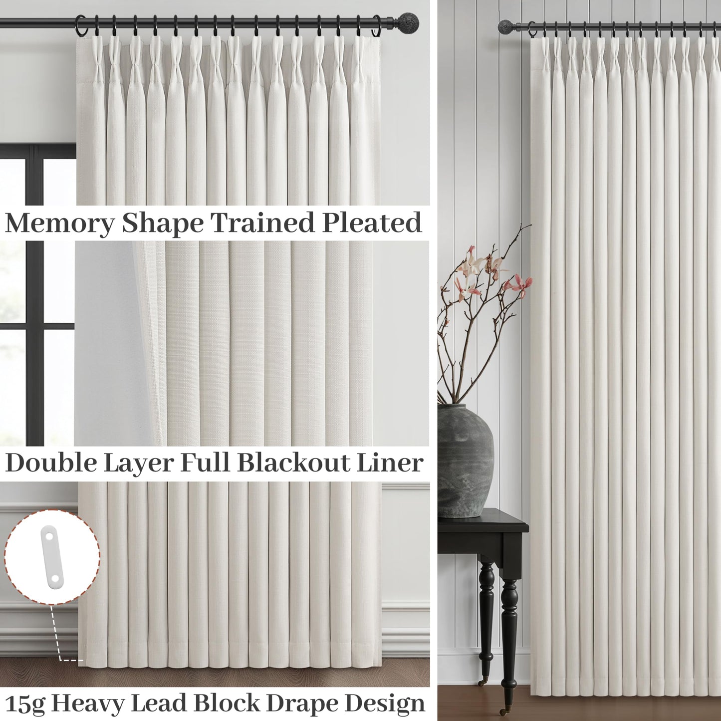 Pleat Viral Linen 90 Inch Blackout Curtains for Bedroom, Pinch Pleated Soundproof Privacy Farmhouse Window Drapes Decor with Hooks Neutral Beige White Nursery/Kids Room Darkening Burg 2 Panels Set