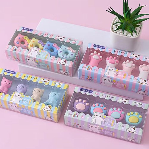 BLC393-04 | Cute Cat Shape Erasers - Fun & Durable Stationery Set - 4 Pieces