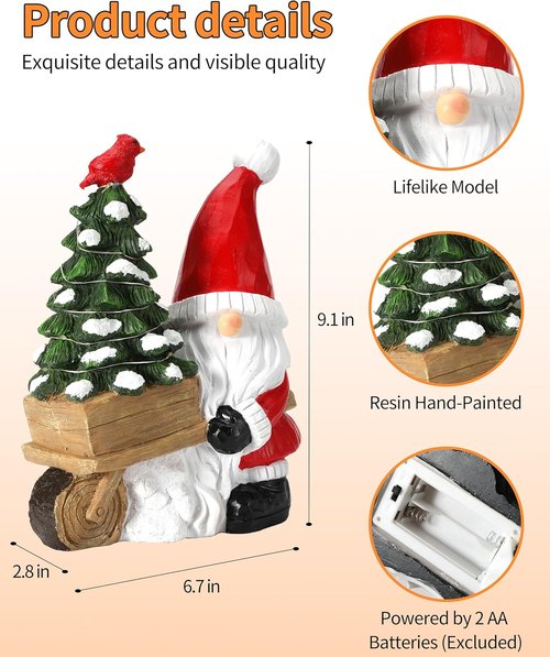 iStatue Santa Gnome Figurine - Lighted Mini Christmas Tree & Cardinal Decor - 9.5 Inch Holiday Tabletop Decor