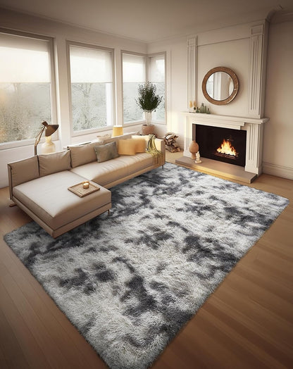 Ophanie Tie-Dyed Grey & White Area Rug - Large 8x10 Shag Carpet for Living Room & Nursery Decor