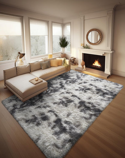 Ophanie Tie-Dyed Grey&White 8x10 Area Rugs for Living Room, Large Shag Bedroom Carpet, Big Indoor Thick Soft Nursery Rug, Fluffy Carpets for Boy and Girls Room Dorm Home Decor Aesthetic