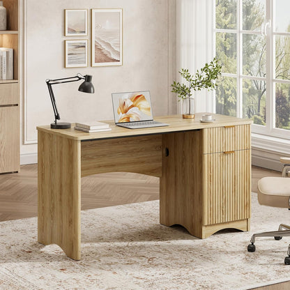 Bestier 47-Inch Fluted Computer Desk - Modern Wood Office Desk with Drawer & Storage Cabinet in Natural Oak