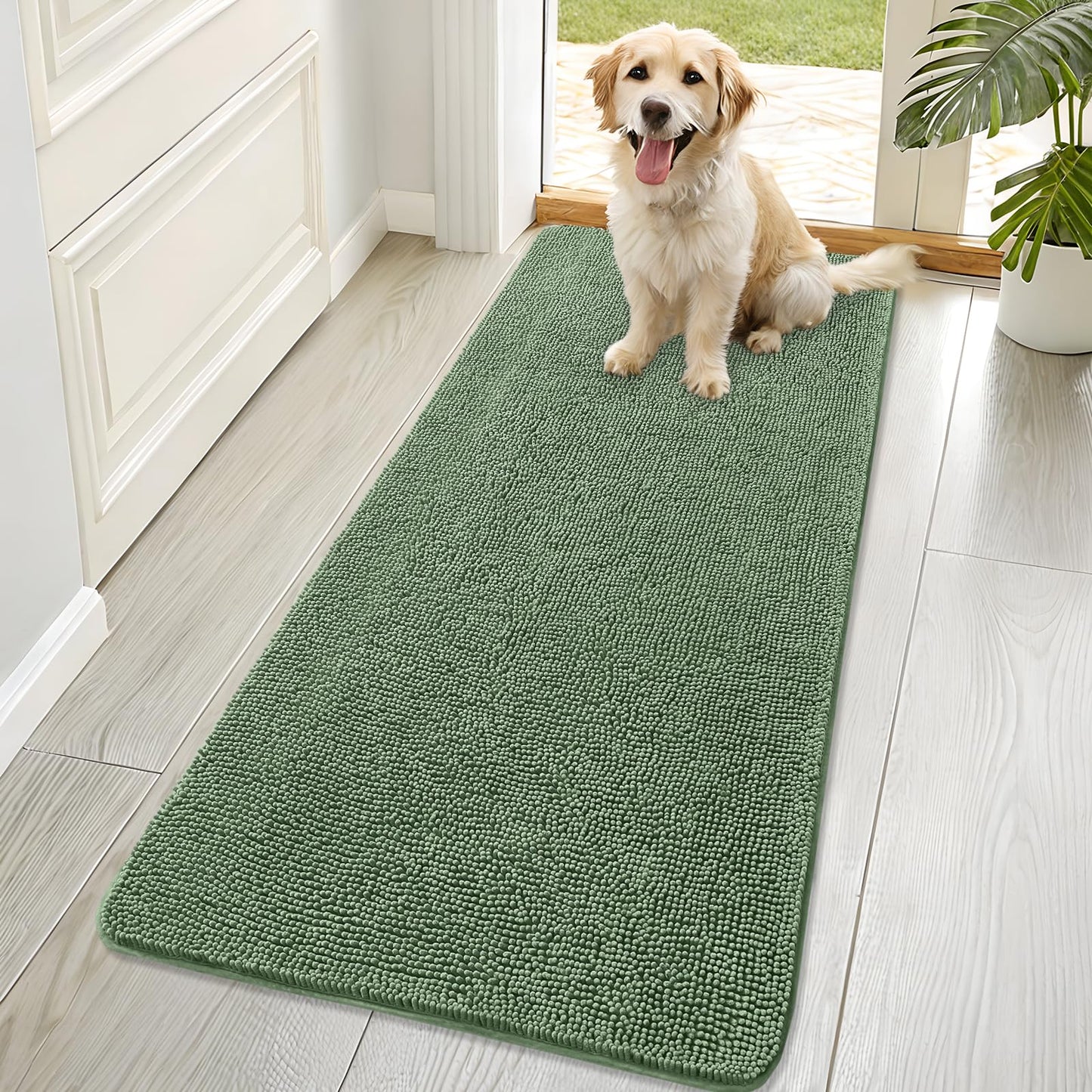 OLANLY Dog Door Mat for Muddy Paws 70x32, Absorbs Moisture and Dirt, Absorbent Non-Slip Washable Doormat, Quick Dry Chenille Mud Mat, Entry Indoor Entryway Carpet for Inside Floor, Olive Green