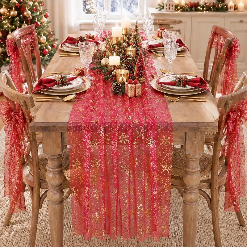 Christmas Snowflakes Table Runner Gauze with Metallic Foil, 29x120 Inches - Xmas Red Gold
