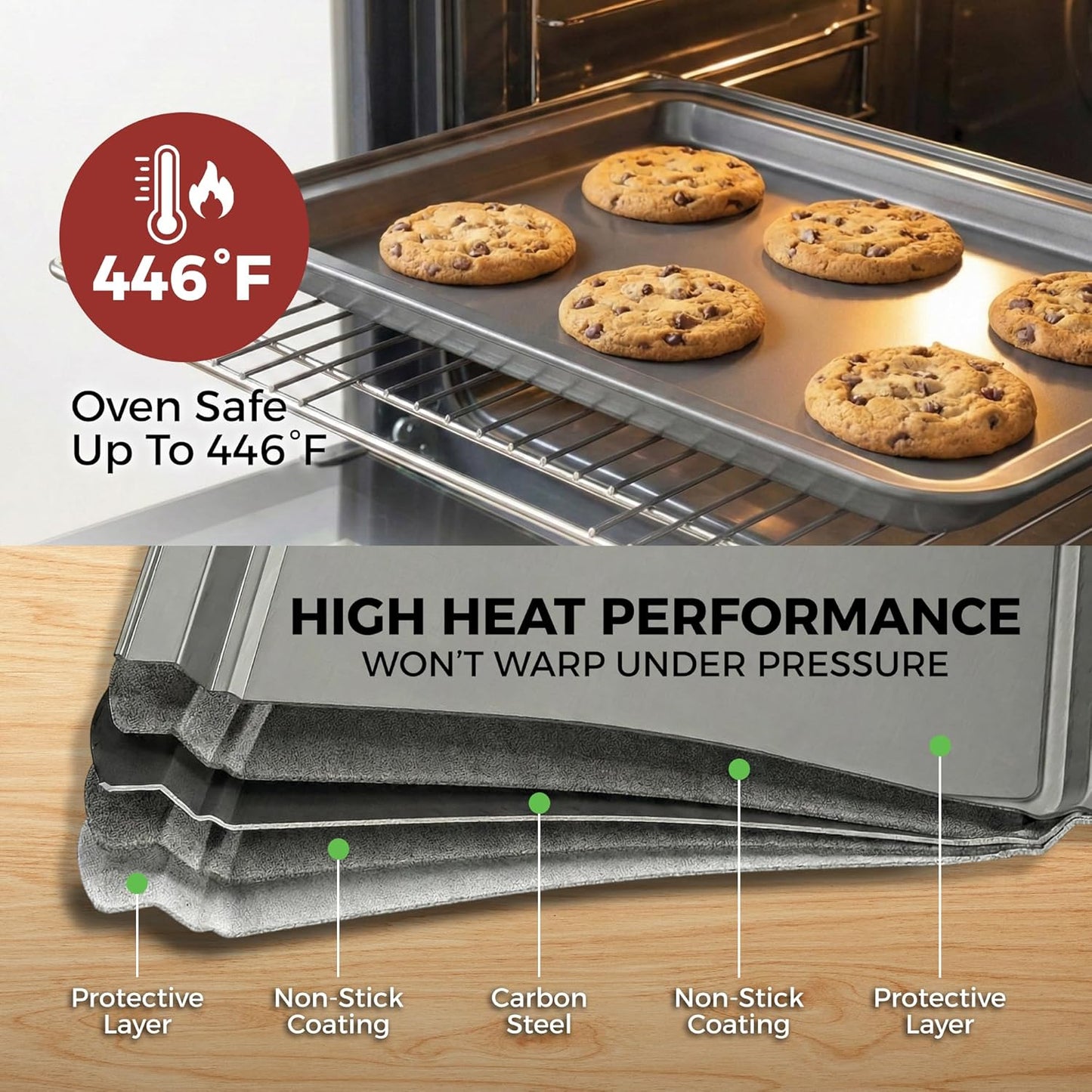 PERLLI Non-Stick Baking Pan Set | 3-Piece Carbon Steel with Even Heat Distribution, Oven Safe to 446°F, BPA-Free, Gray