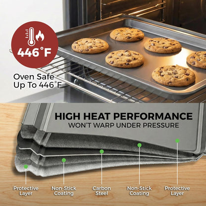 PERLLI Non-Stick Baking Pan Set | 3-Piece Carbon Steel with Even Heat Distribution, Oven Safe to 446°F, BPA-Free, Gray