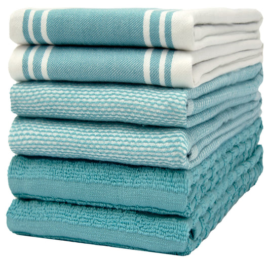 Premium Kitchen Towels (20”x 28”, 6 Pack) | Large Kitchen Hand Towels | Kitchen Towels Cotton | Flat & Terry Towel | Highly Absorbent Tea Towels Set with Hanging Loop | Wide Stripe Aqua