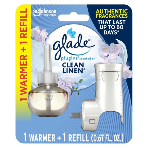 Glade PlugIns Refills Air Freshener Starter Kit, Clean Linen, Scented and Essential Oils for Home and Bathroom, 0.67 Fl Oz, 1 Warmer + 1 Refill