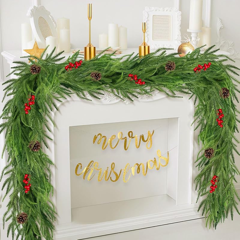 6Ft Norfolk Pine Garland with Red Berries & Pine Cones - Real-Touch Christmas Church Mantle