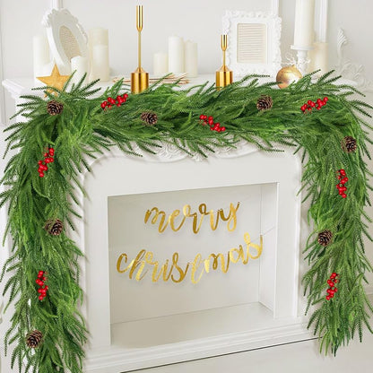 6Ft Norfolk Pine Garland with Red Berries & Pine Cones - Real-Touch Christmas Church Mantle