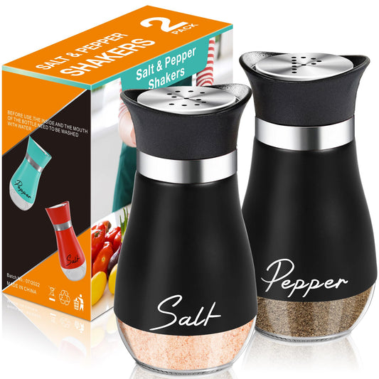 Salt and Pepper Shakers Set,4 oz Glass Bottom Salt Pepper Shaker with Stainless Steel Lid for Kitchen Gadgets Cooking Table, RV, Camp,BBQ Refillable Design (Black)