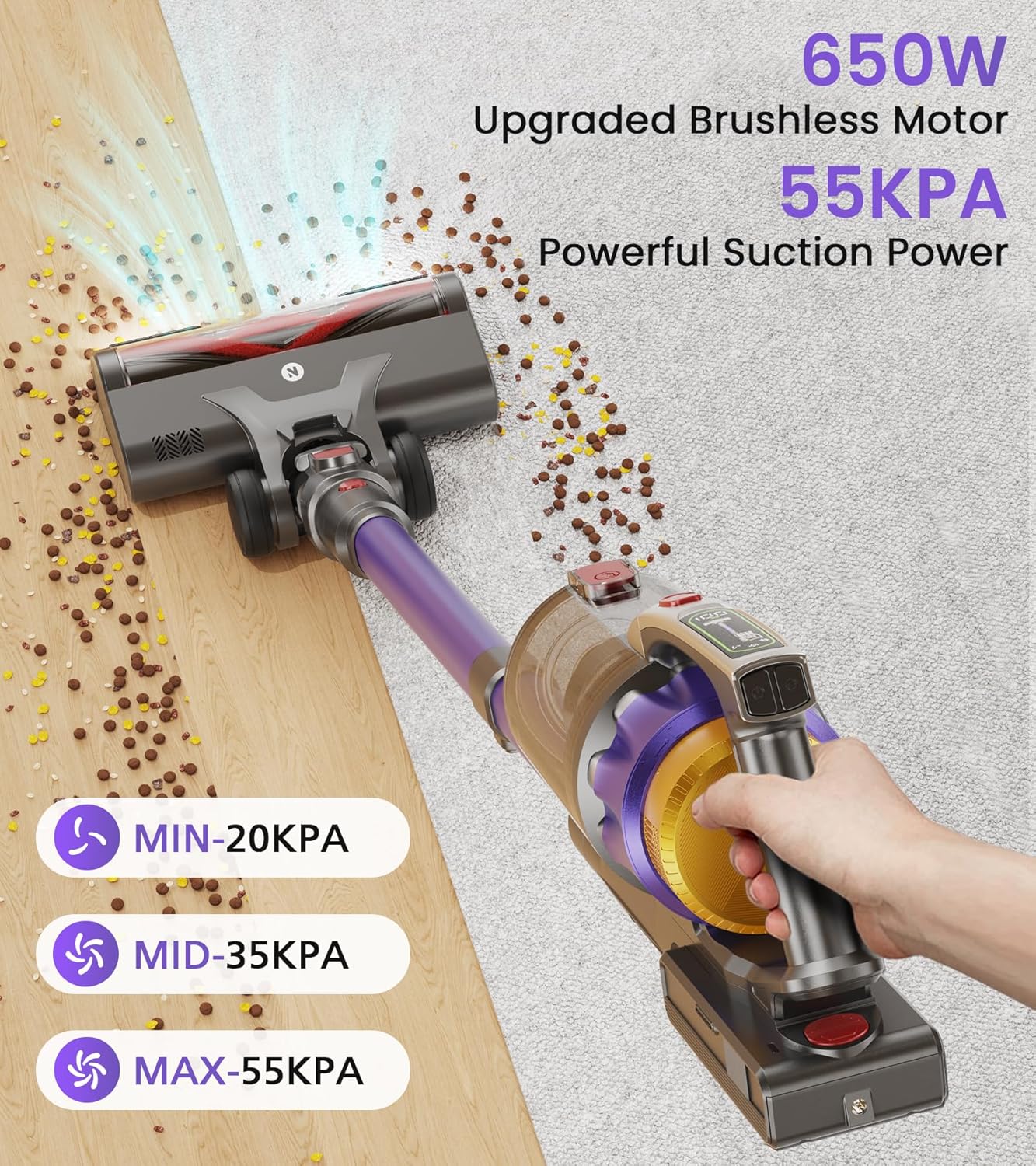 NADALY Cordless Vacuum Cleaner - 600W, 50KPA Suction, 65 Mins Runtime | Lightweight, Anti-Tangle Design for Home & Pet Hair