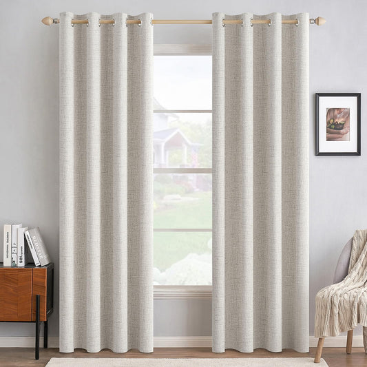MIULEE 100% Blackout Linen Textured Curtains - Thermal Insulated Cream White Drapes | 52 x 84 Inch (2 Panels)