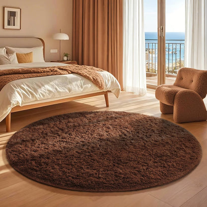 Ophanie Round Rug - 4Ft Brown Fluffy Circle Area Rug | Soft Shaggy Carpet for Kids & Nursery Decor