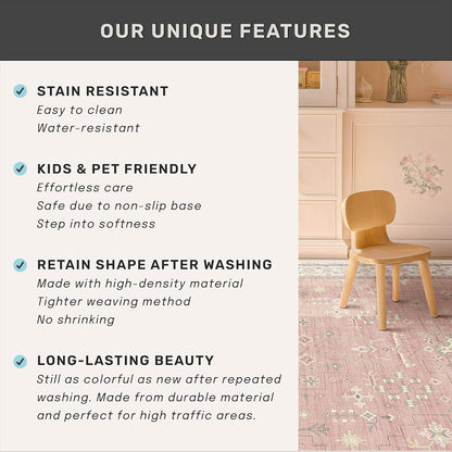 Regine Switzerland Blush Pink Girls Rug - Floral Nursery Area Rug 5x7, Machine Washable Non-Slip Play Mat