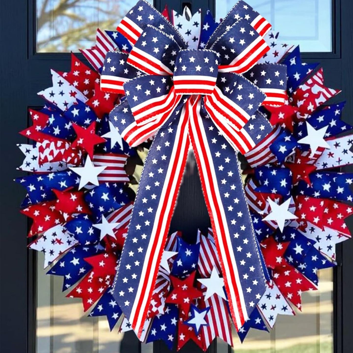 Skiennix Memorial Day Decorations - Patriotic Stripe Stars Wreath Bow for Front Door | Red, White & Blue Decor