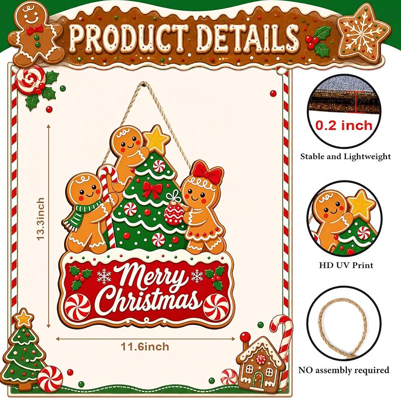 Colorful Merry Christmas Gingerbread Door Sign — 13.3 x 11.6 in Wooden Hanging Wreath