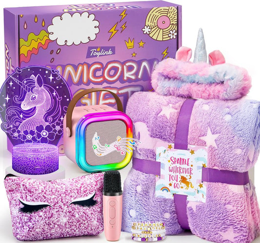 Toylink Unicorn Gifts for Girls Age 4 5 6 7 8 9 10, Kids Unicorn Toys with Mini Karaoke Machine/Glowing Blanket/Night Light/Headband/Bracelets, Birthday Graduation Gifts for Daughter Niece