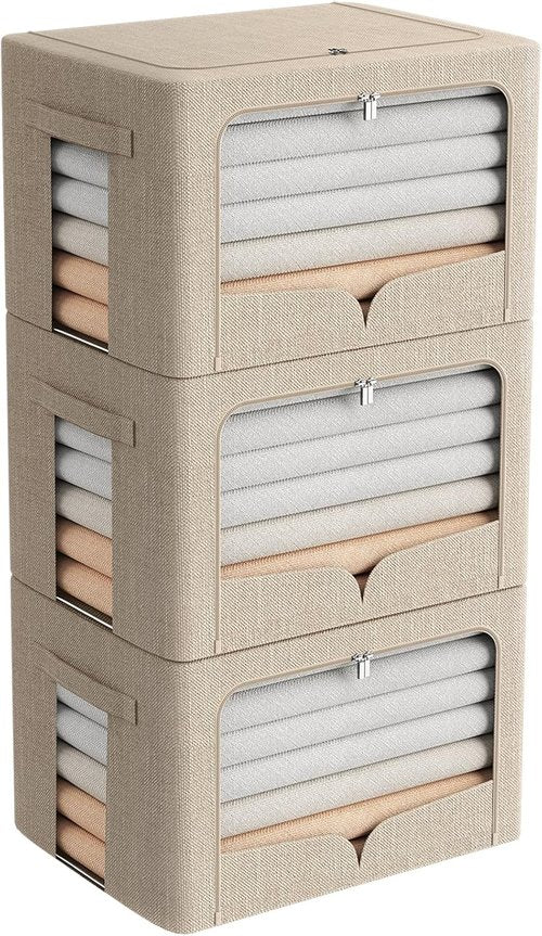 FHSQX Foldable Clothes Storage Bins - Stackable Linen Fabric Organizer Set with Clear Window | Beige, 15.7"x11.8"x11.8" (36L)