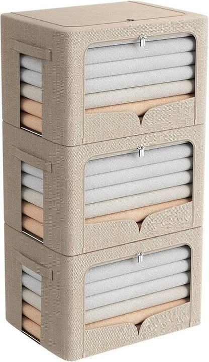 FHSQX Foldable Clothes Storage Bins - Stackable Linen Fabric Organizer Set with Clear Window | Beige, 15.7"x11.8"x11.8" (36L)