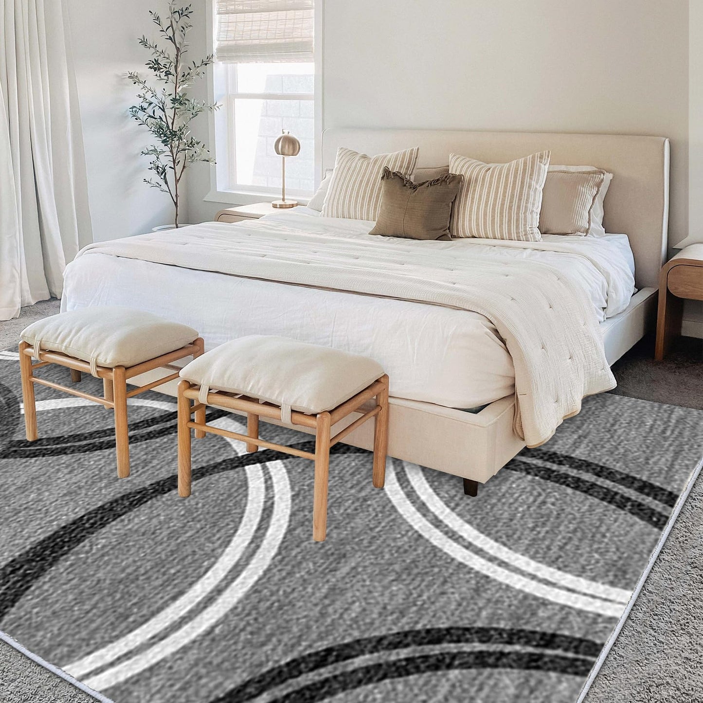 YUFANUHO Modern Grey Area Rugs for Living Room, 6x9 Feet Large Faux Wool Carpet with Abstract Circles Line Design for Bedroom, Machine Washable Non-Slip Wool Rugs 6'x9', Grey/Black/White