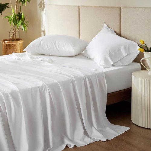 Bedsure Cooling Sheets - Twin Size Rayon Bamboo | Breathable & Soft Hotel Luxury Bedding - White