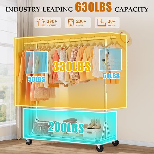 Gewudraw Heavy Duty Clothes Rack - Adjustable Metal Rolling Garment Rack With Sturdy Wheels | 630 lbs Capacity
