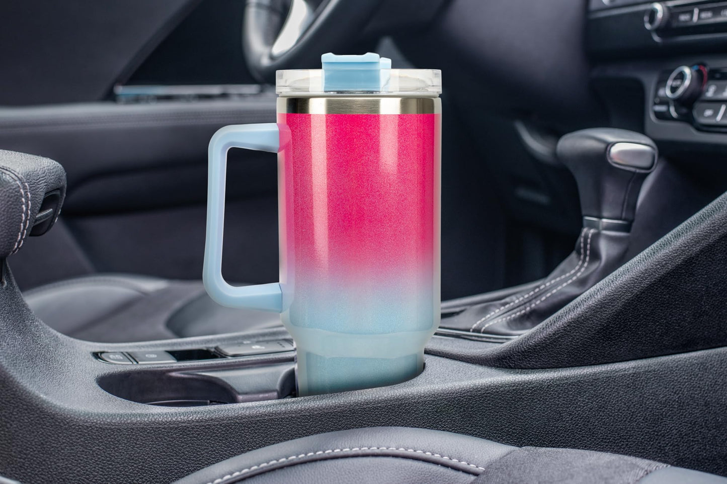 Elanze Designs 40 oz Stainless Steel, Large Water Bottle, Coffee Mug, Spill & Leak Resistant, Thermal Travel Tumbler With Handle, Lid & Straw, Hot Pink/Sky Blue