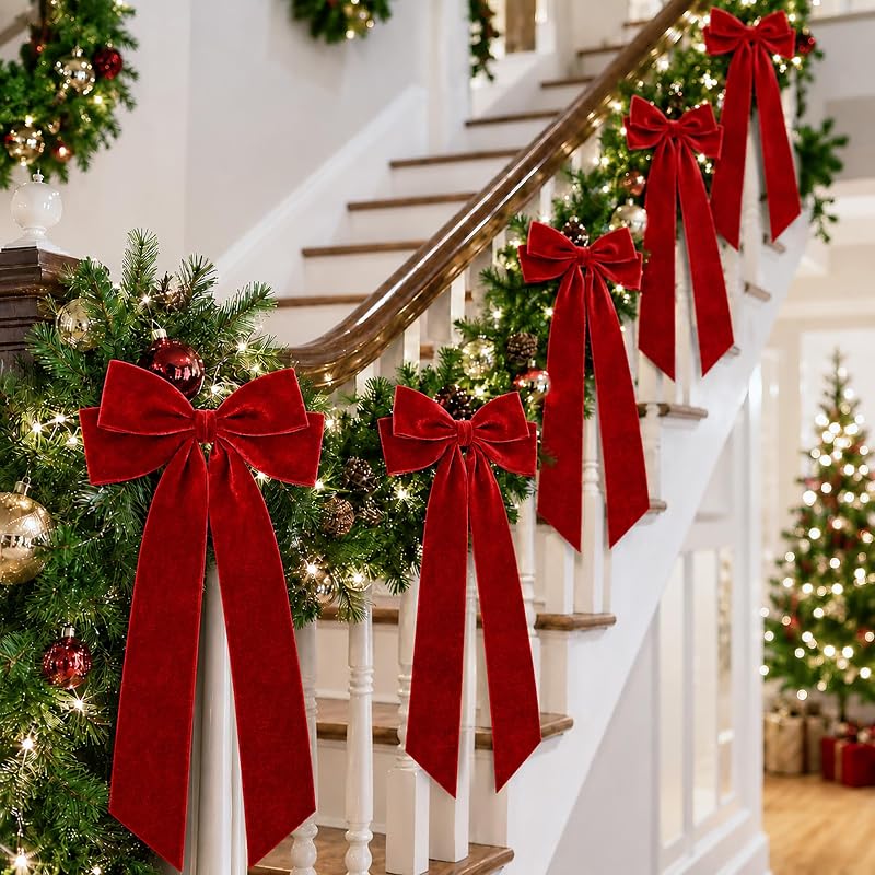 Large Velvet Christmas Bows - 20x9 in Double-Bow Pro Garden & Tree Decor (Red) - 6 Pack