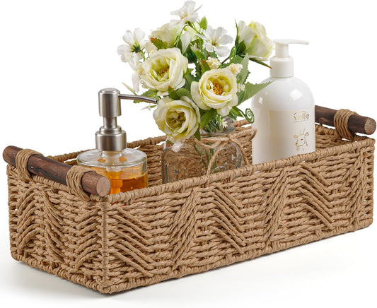 Skiennix Bathroom Baskets - Decorative Storage with Handle for Countertop | Cream Color, Small Set