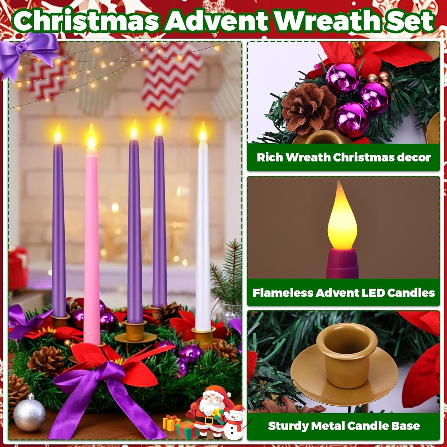 Skiennix 11-Inch Christmas Advent Wreath - 5 Flameless Taper Candles with Pine Cones & Poinsettias