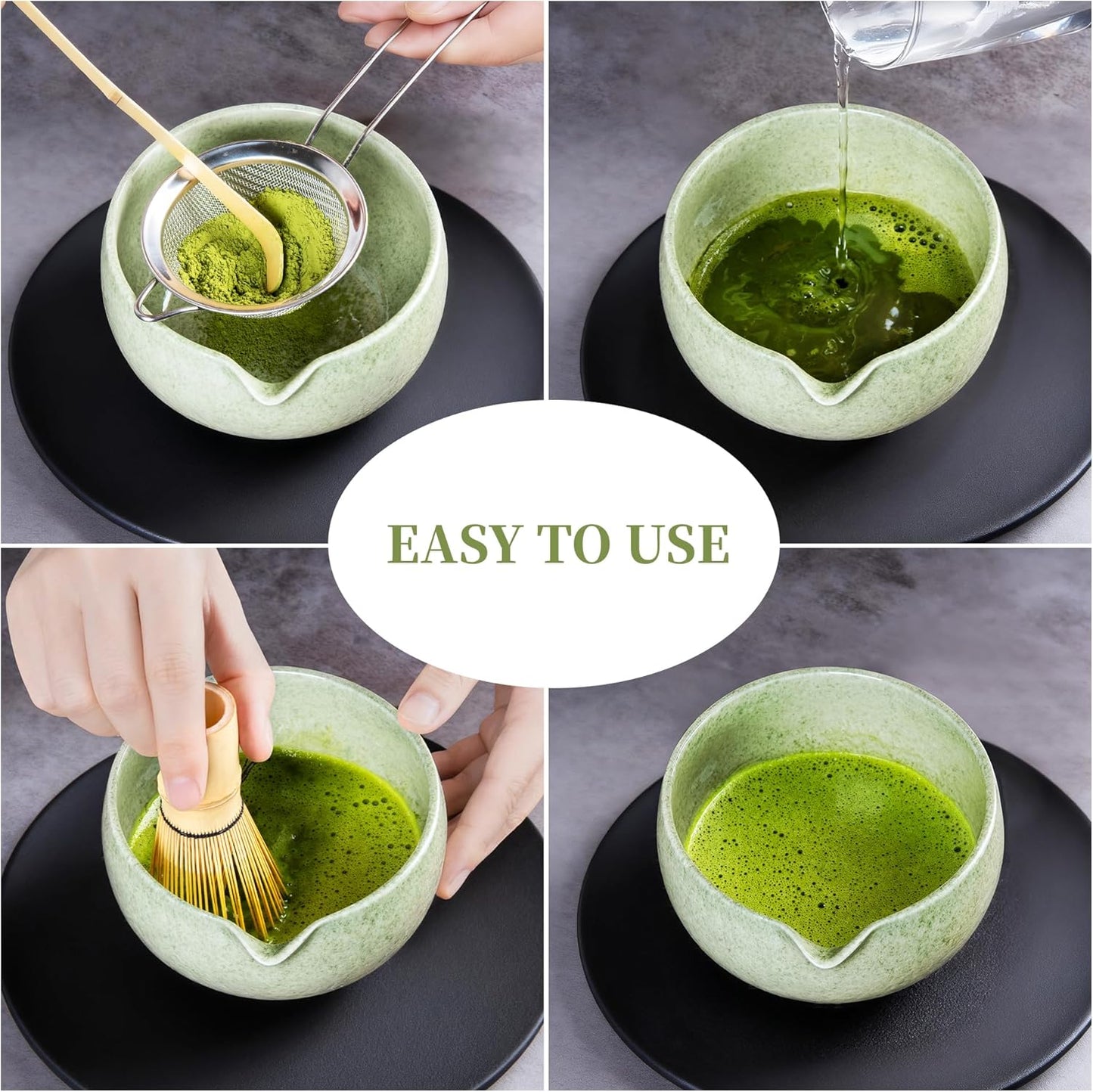 YIBO Matcha Whisk Set - Complete Ceramic Matcha Making Kit with Bamboo Whisk & Accessories | Mottled Green