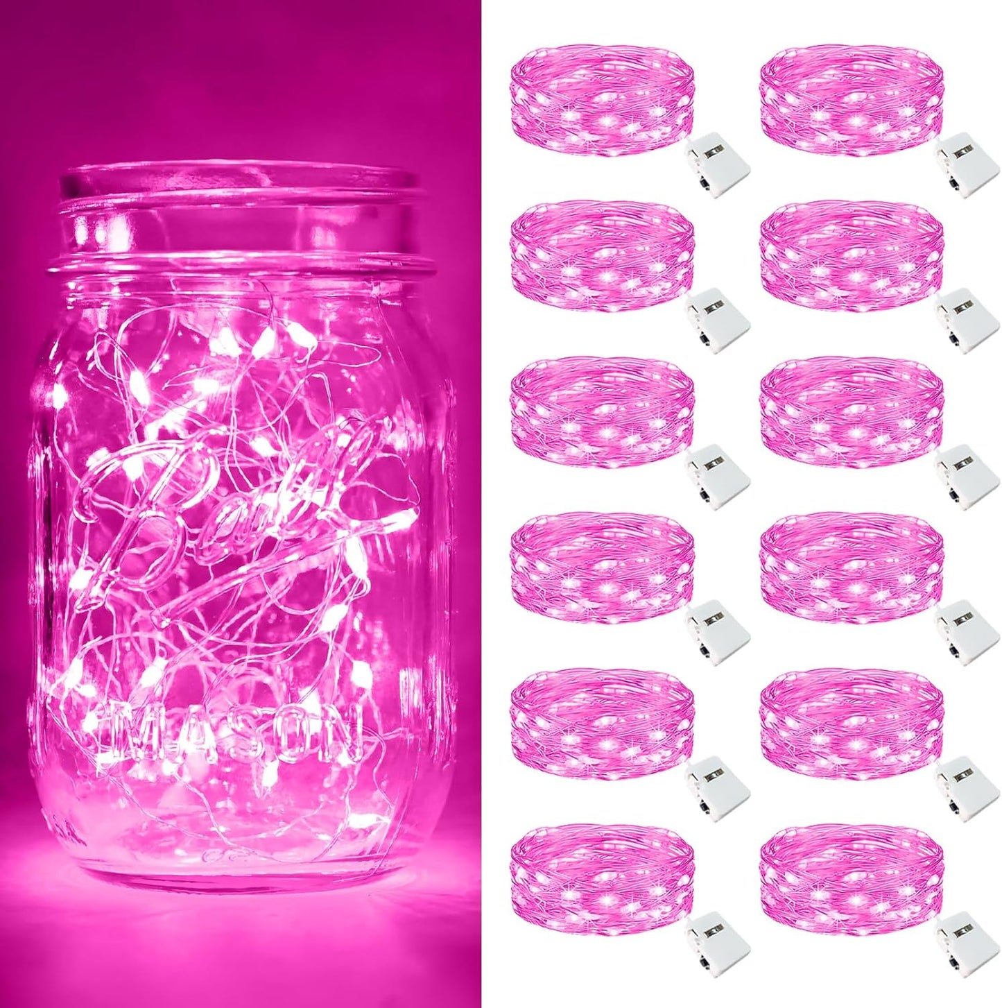 Btfarm Pink Fairy Lights - 12 Pack Battery Operated Twinkle String Lights | 7ft Waterproof for Weddings & Decor